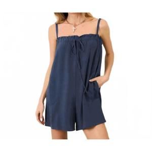 NEW WASABI + MINT front tie linen romper in navy